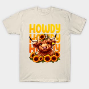 Kawaii Cow Howdy Highland Cow with Sunflowers T-Shirt